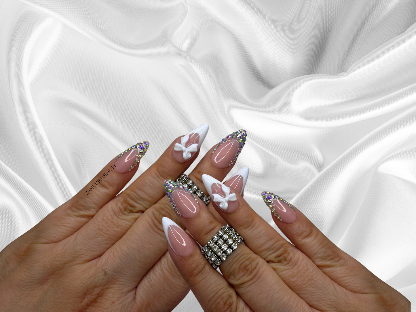 White and bling French tip Coquette Press On Nails